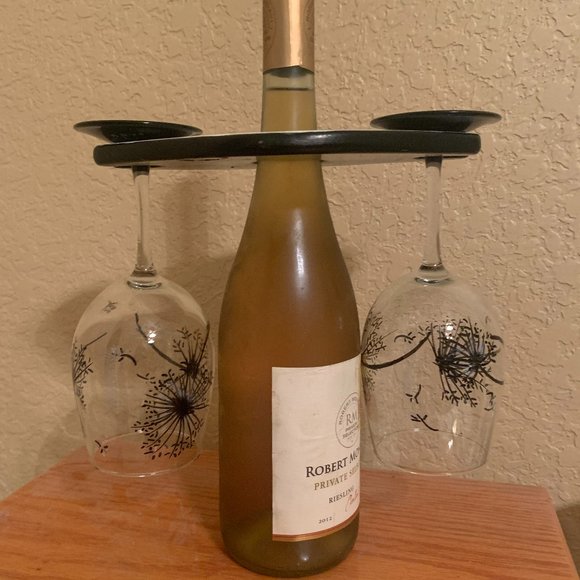 Dining 3 Pc Hand Painted Over The Bottle Wine Glass Holder W Glasses Poshmark